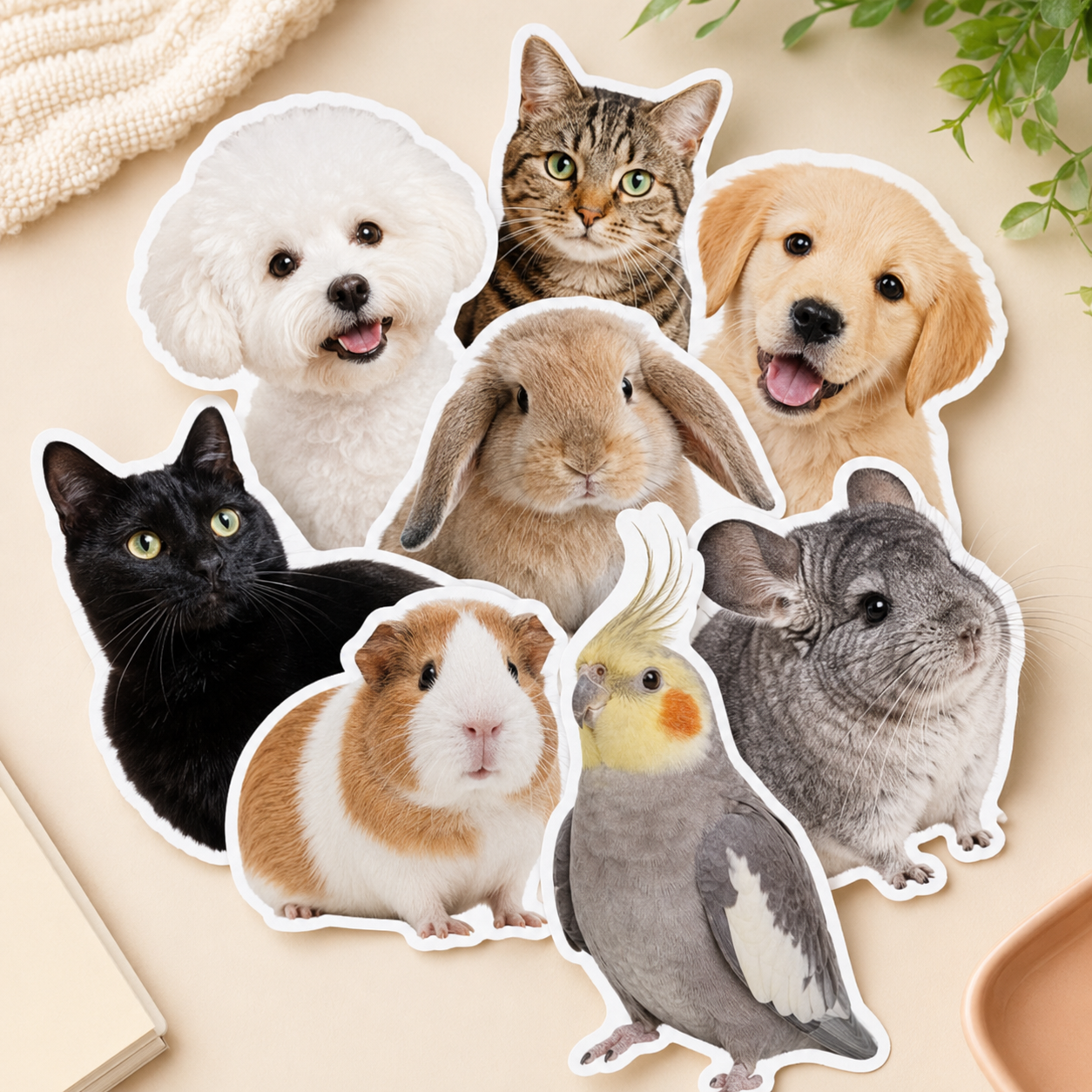 Personalized pet stickers featuring dogs, cats, a rabbit, bird, guinea pig, and chinchilla