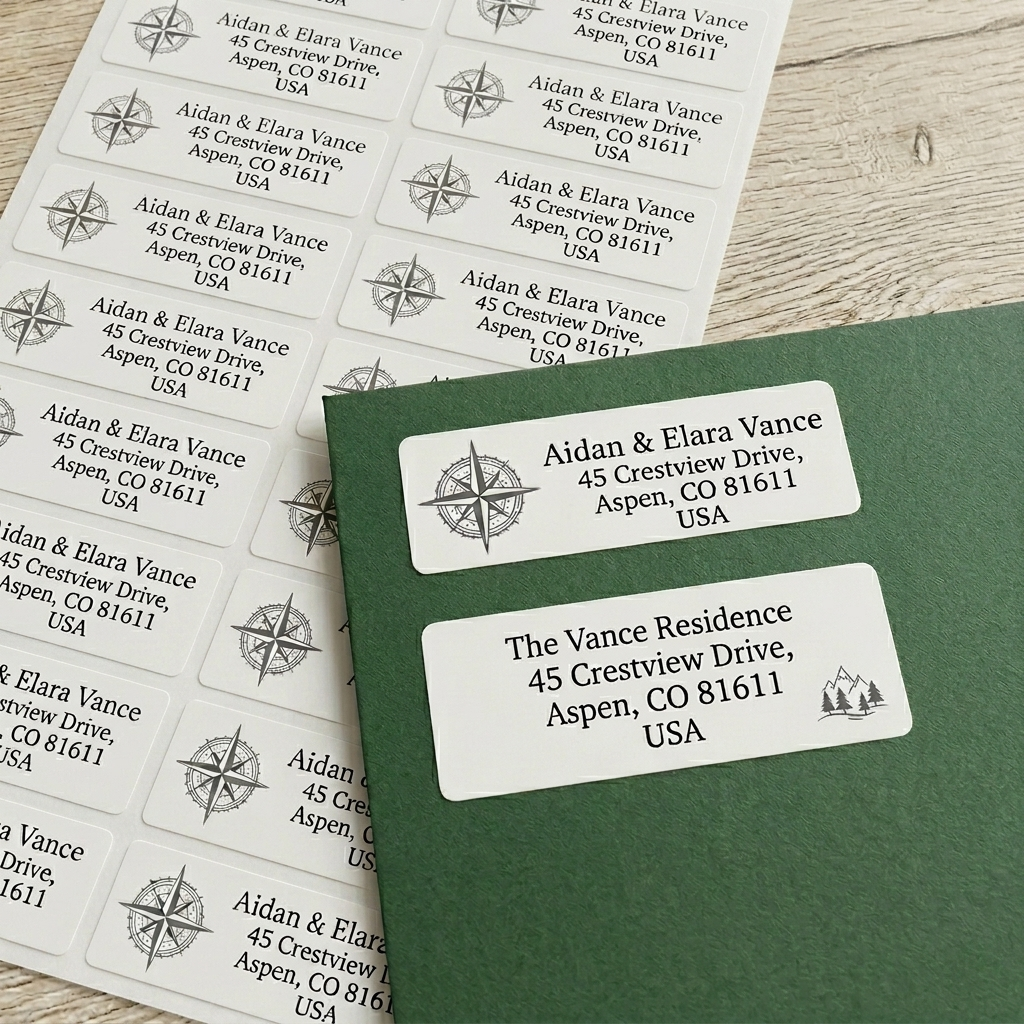 A sheet of personalized return address labels featuring a compass rose design, with one label applied to a dark green envelope.