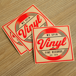 Personalized square stickers with a vintage vinyl records design on textured paper, perfect for square vinyl stickers