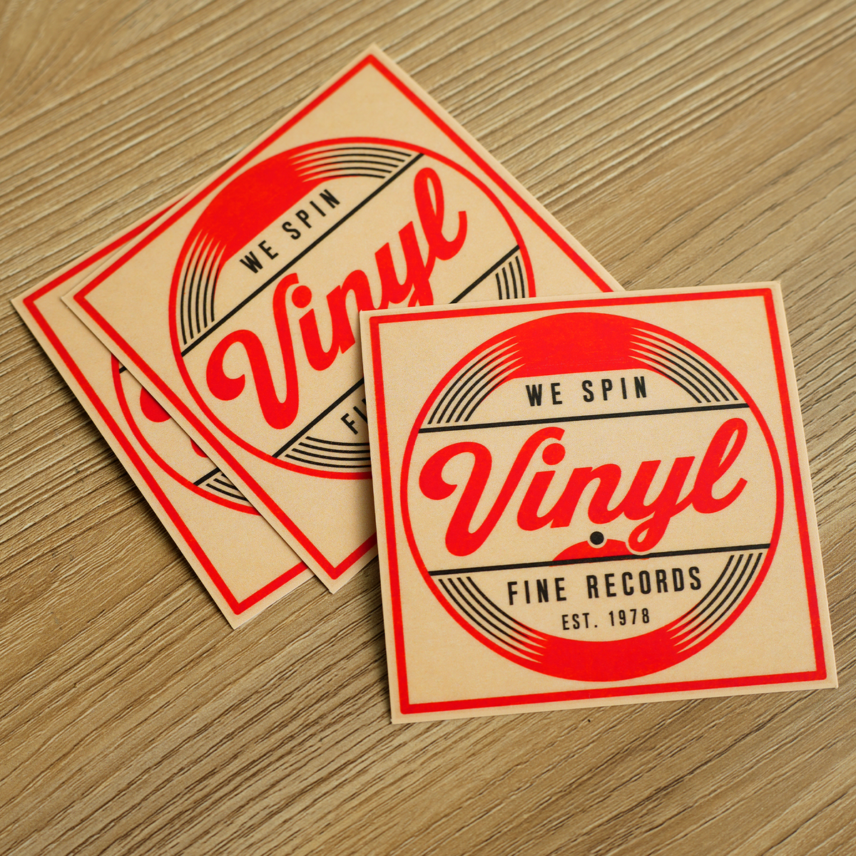 Personalized square stickers with a vintage vinyl records design on textured paper, perfect for square vinyl stickers