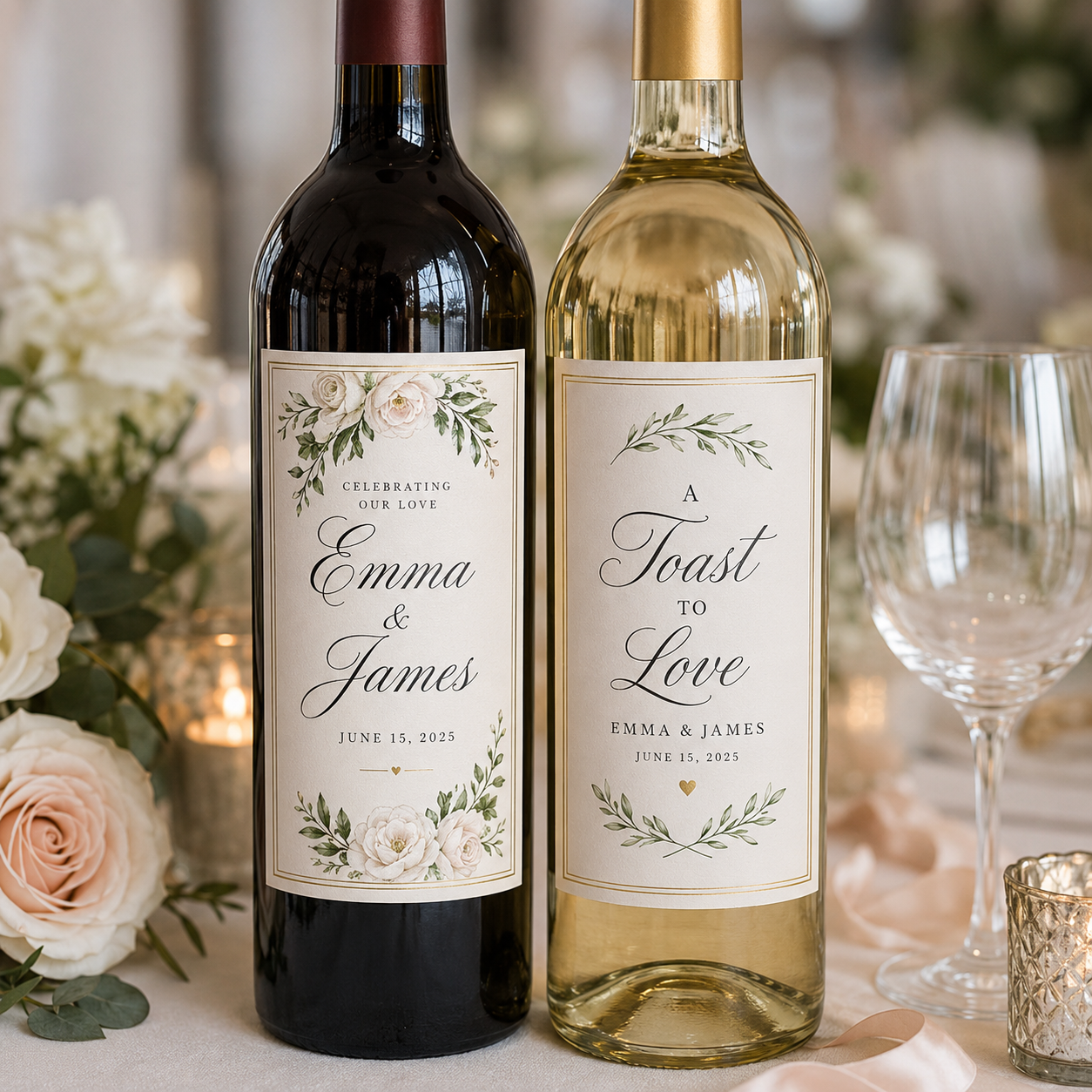 Personalized wedding wine labels for Emma and James, featuring elegant script typography and cream floral accents on red and white wine bottles.