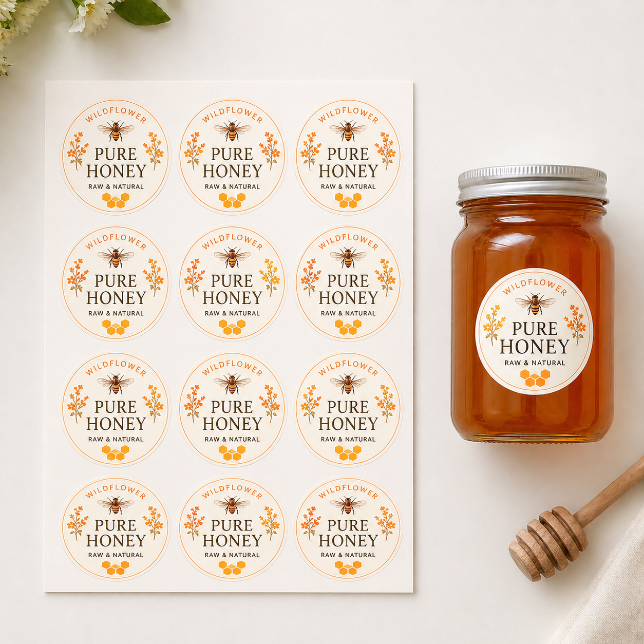 Custom honey labels on jar and label sheet – personalized honey jar labels for packaging, honey label printing, and small business branding