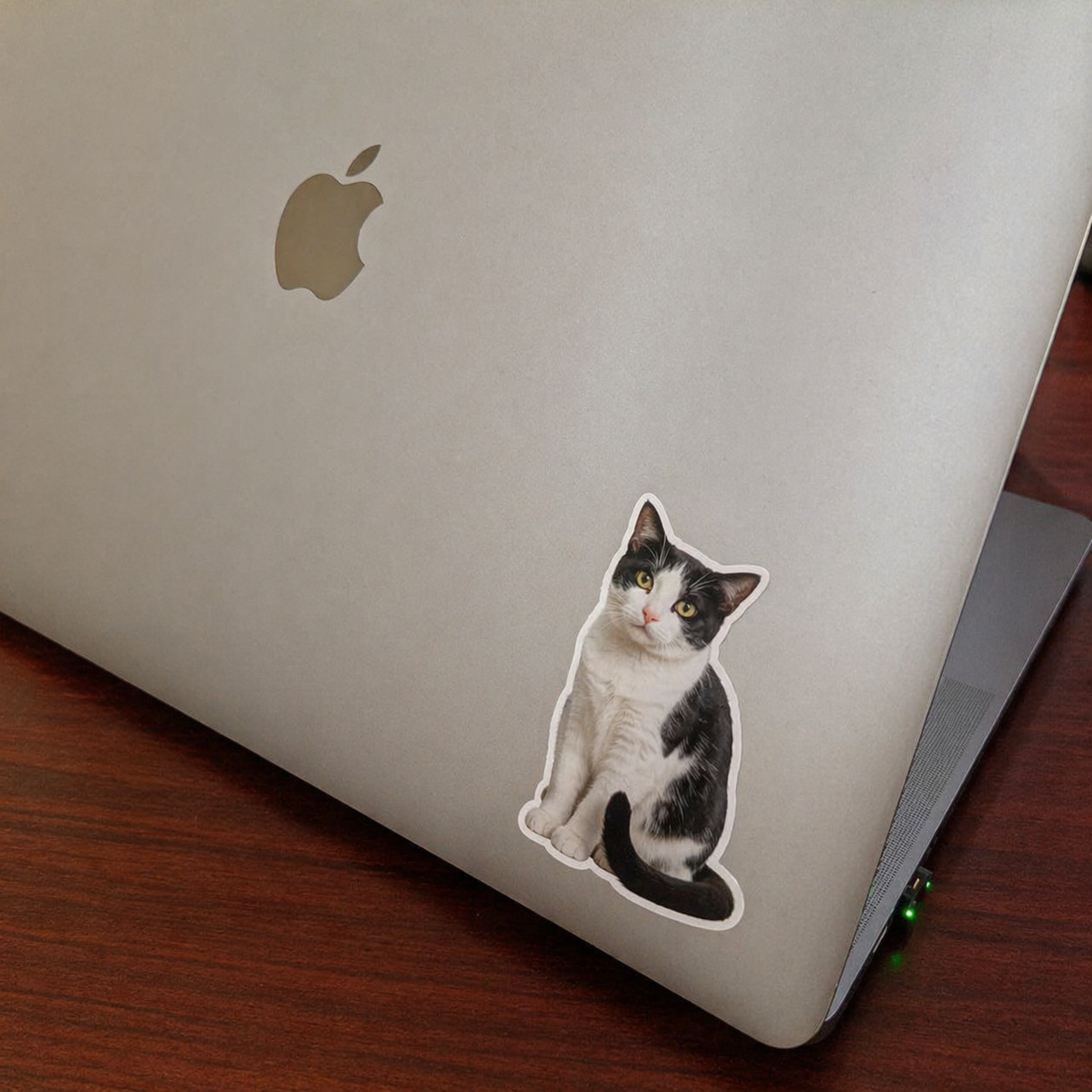 Laptop with a custom cat sticker on a wooden surface, waterproof cat sticker can stick to any surface.