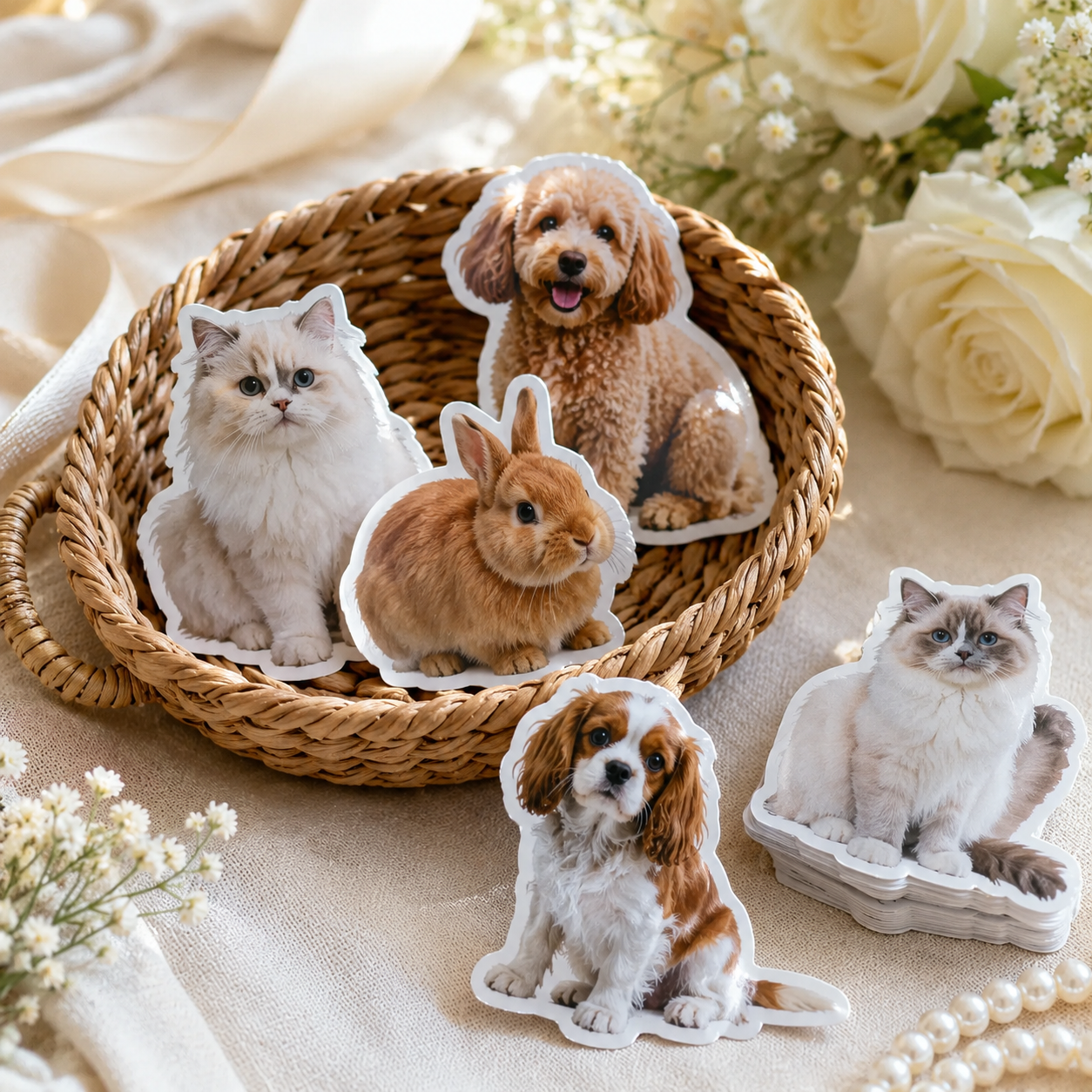 Pet stickers used as wedding decor with cats, dogs, and a rabbit