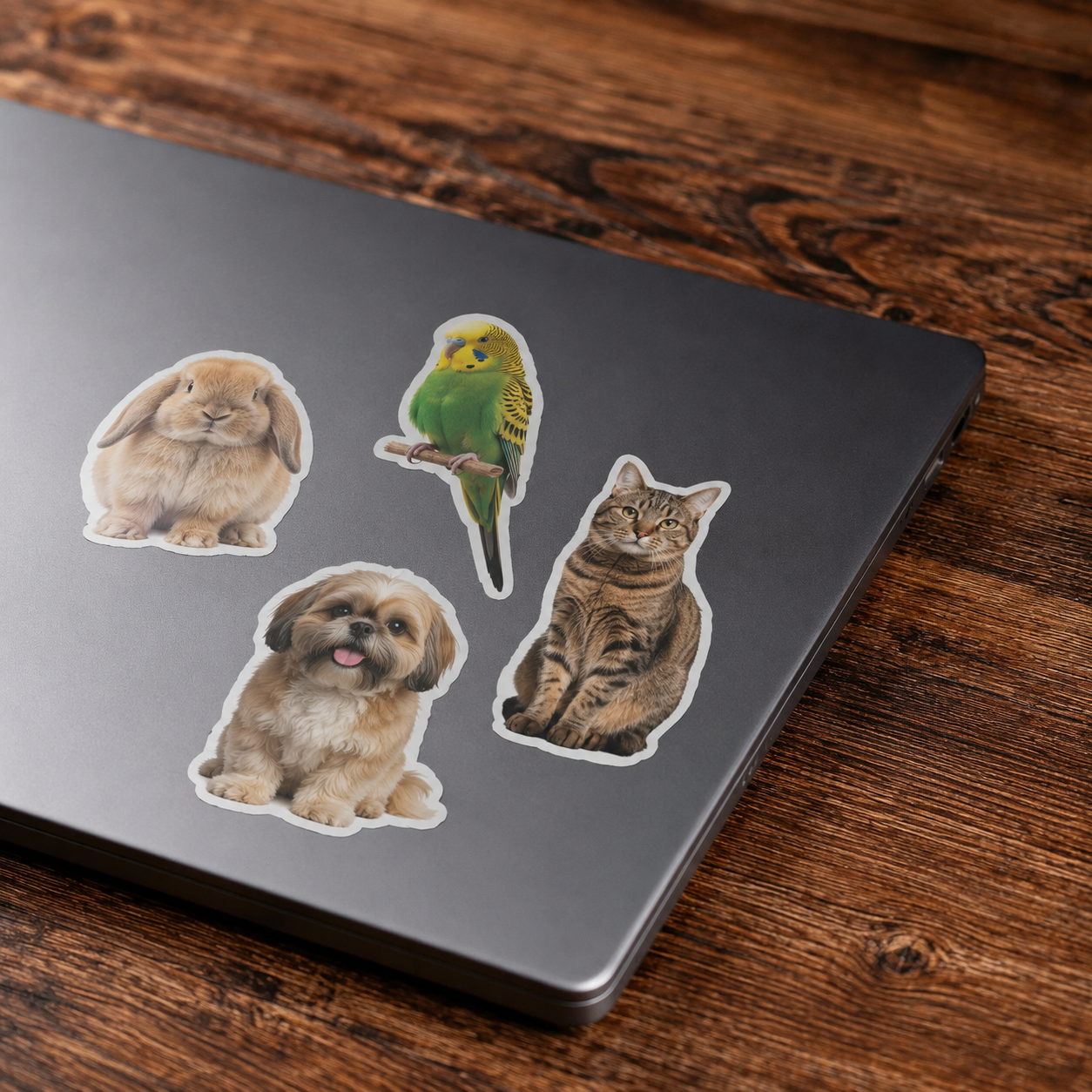 Custom pet stickers on a laptop featuring a rabbit, bird, cat, and dog