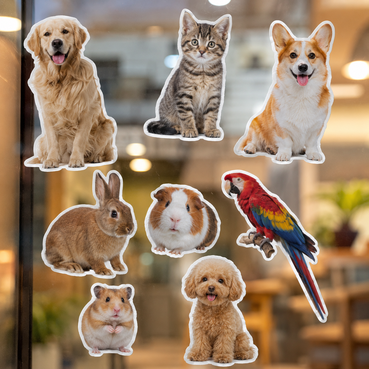 Pet stickers on a window featuring dogs, cats, rabbits, a bird, and a hamster