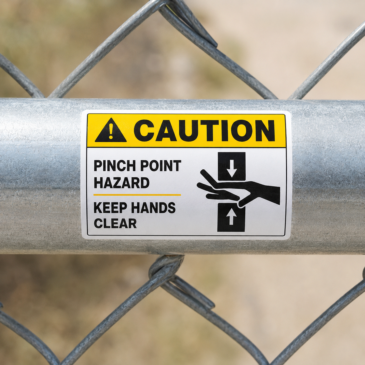Caution pinch point hazard keep hands clear safety sticker attached to a metal fence.
