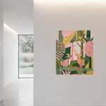 Pink deer and forest wall graphic featuring a whimsical woodland animal art print on a modern living room wall.