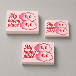 Pink rectangle sticker stacks with My Happy Place cloud design