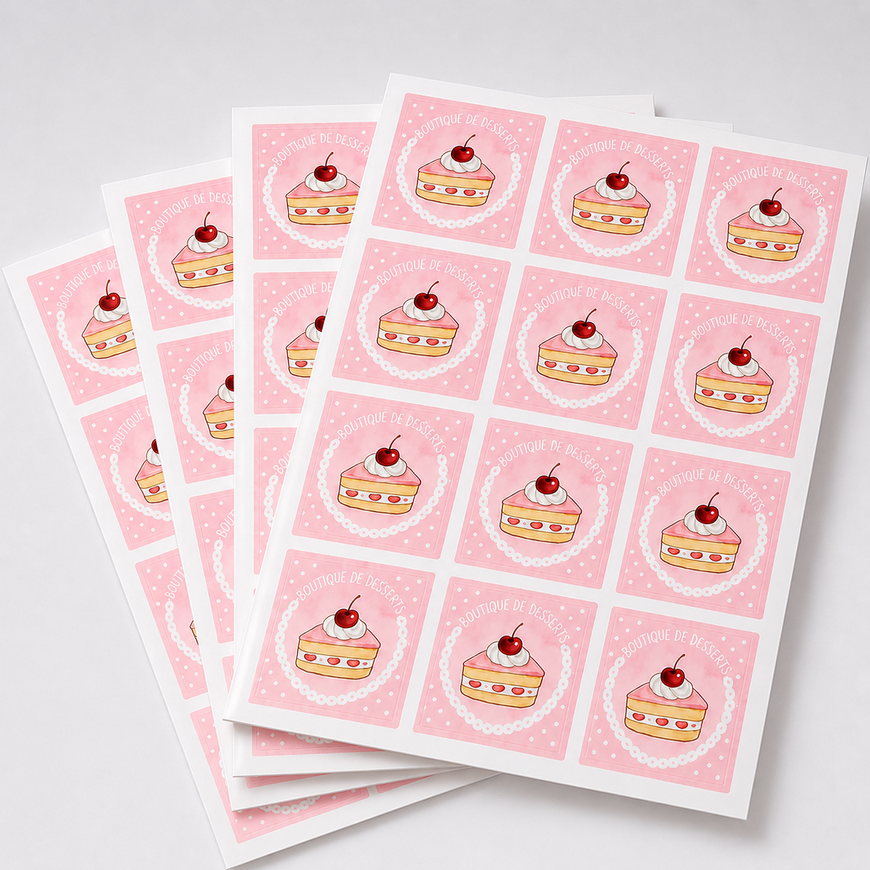 Pink square sheet labels with dessert branding stacked in multiple label sheets
