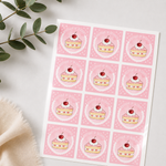 Pink square sheet labels with dessert branding arranged on one label sheet