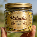 Gold foil food packaging label on pistachio jar with organic branding design for premium snack packaging