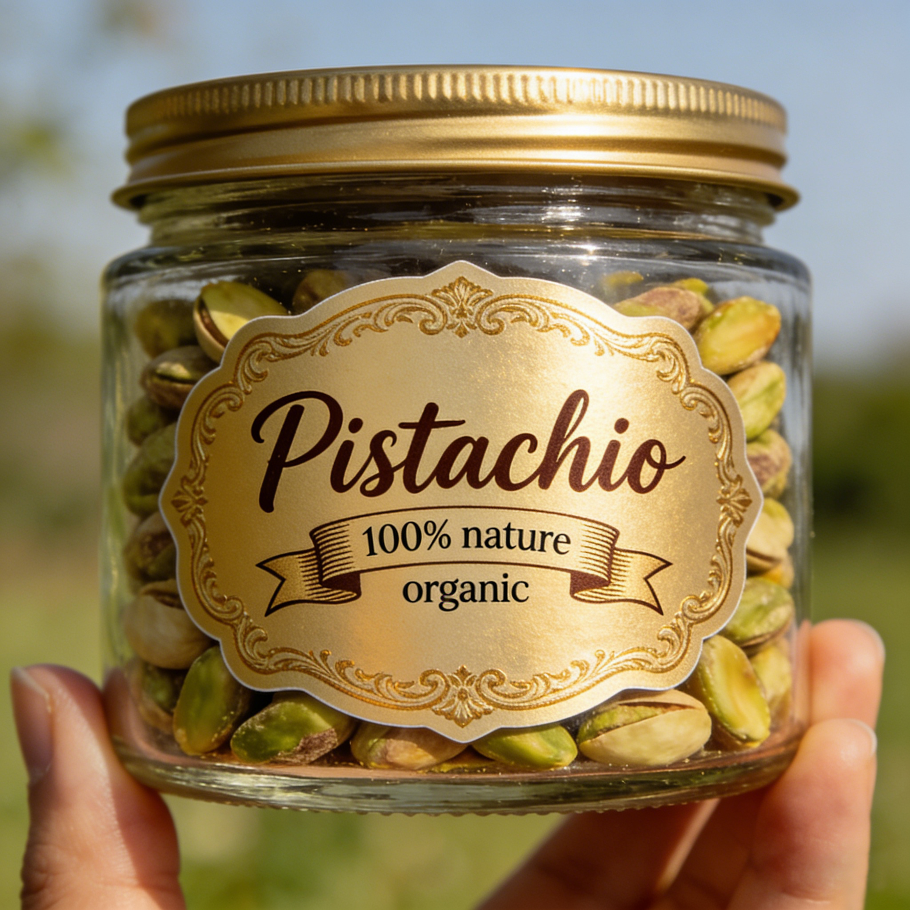 Gold foil food packaging label on pistachio jar with organic branding design for premium snack packaging
