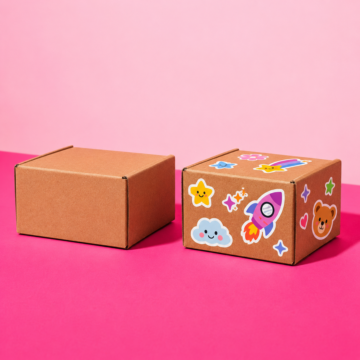 Plain cardboard box compared with branded packaging box decorated with colorful toy-style custom stickers for unboxing experience