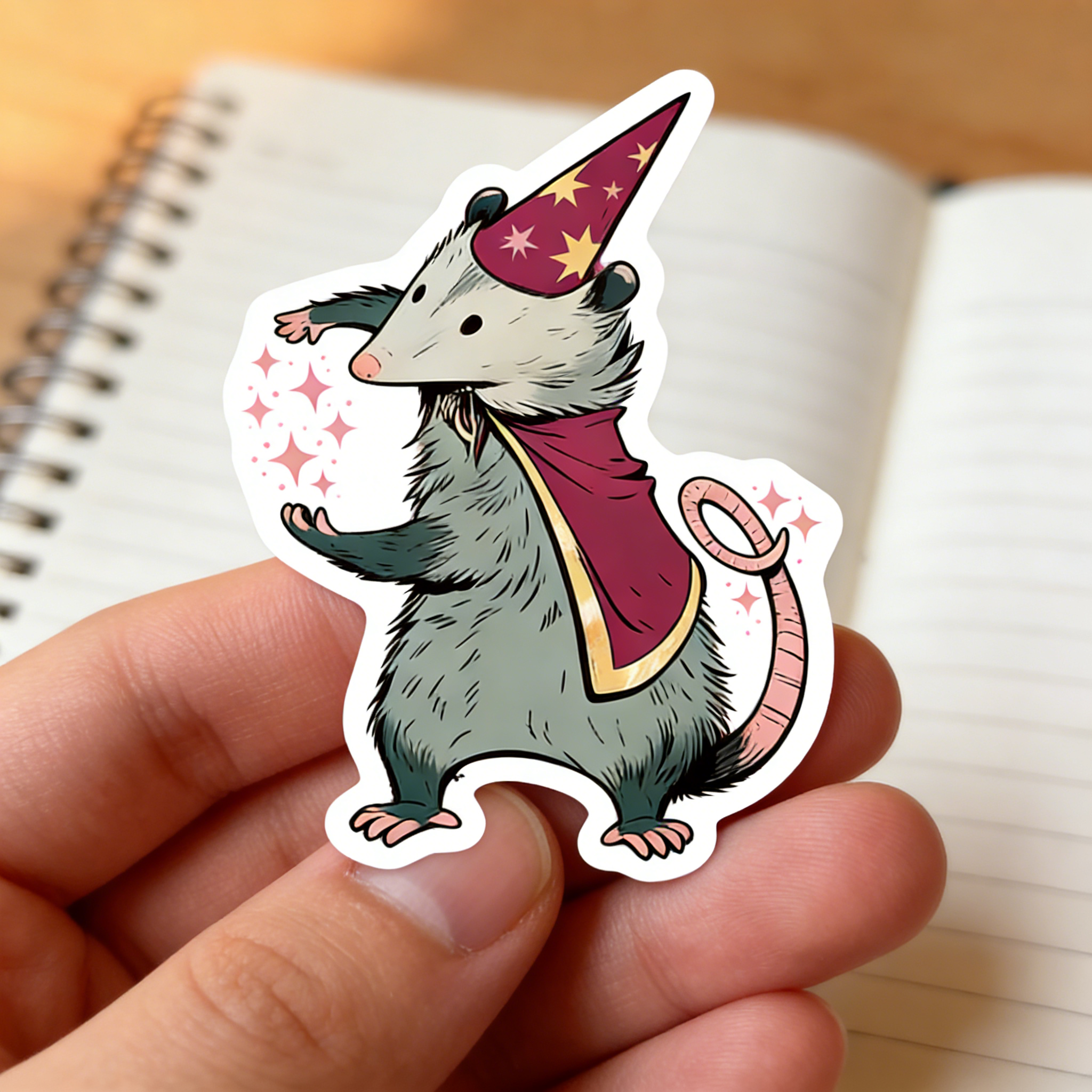 Hand holding custom sticker of a possum in a wizard costume with an open notebook in the background.