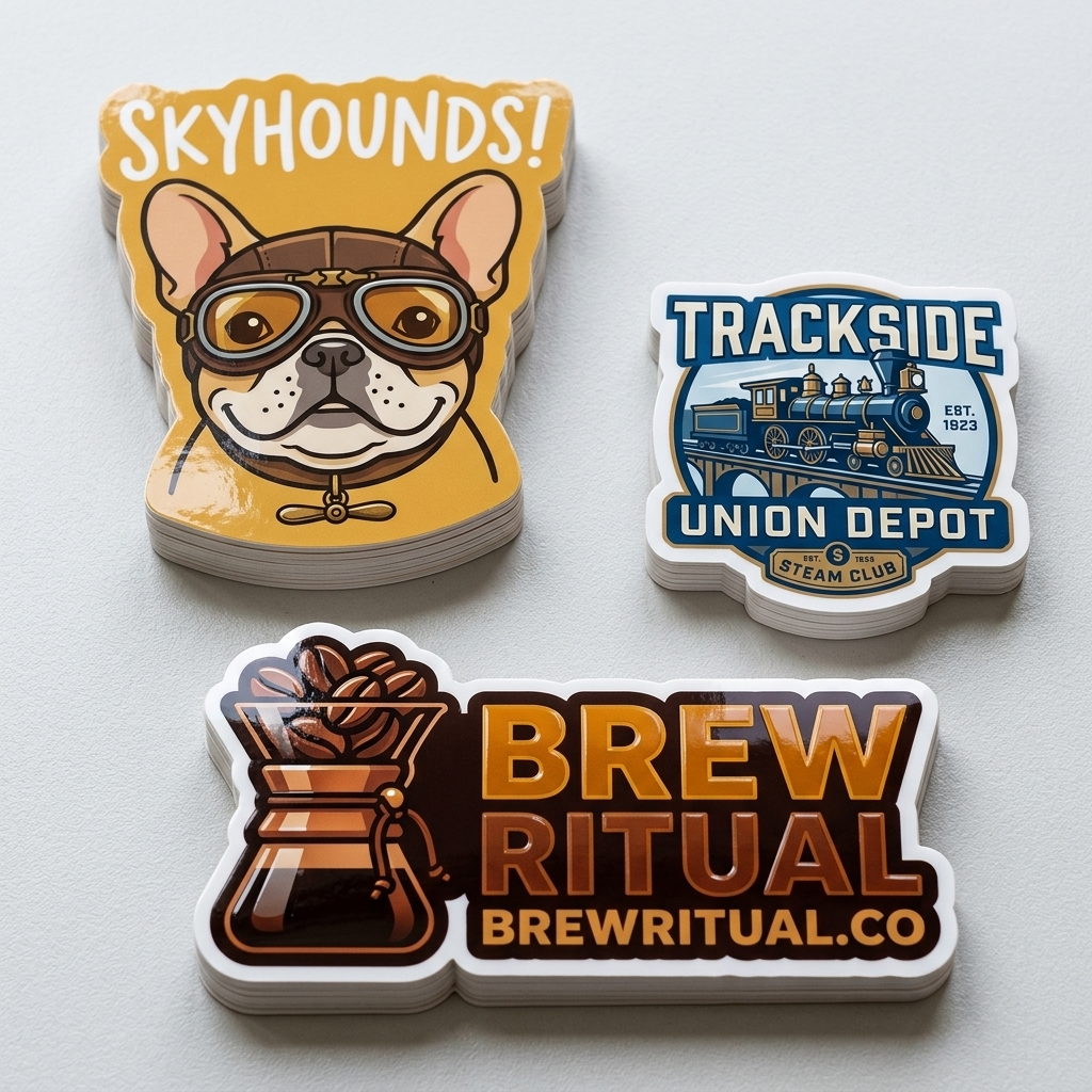 Stacks of premium glossy vinyl stickers featuring various brand logos like "Skyhounds" and "Brew Ritual" showing material thickness.