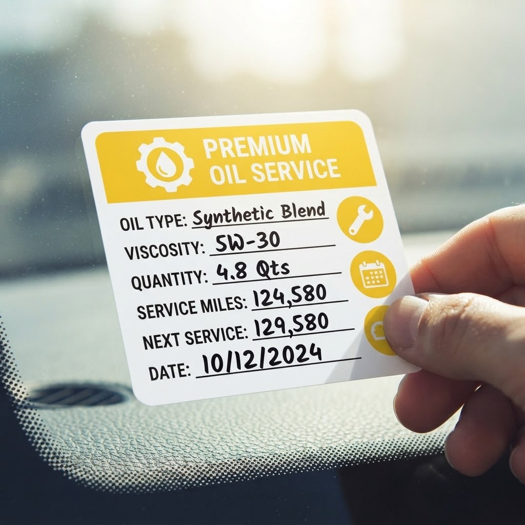 Hand holding a custom yellow premium oil service sticker detailing oil type and mileage.