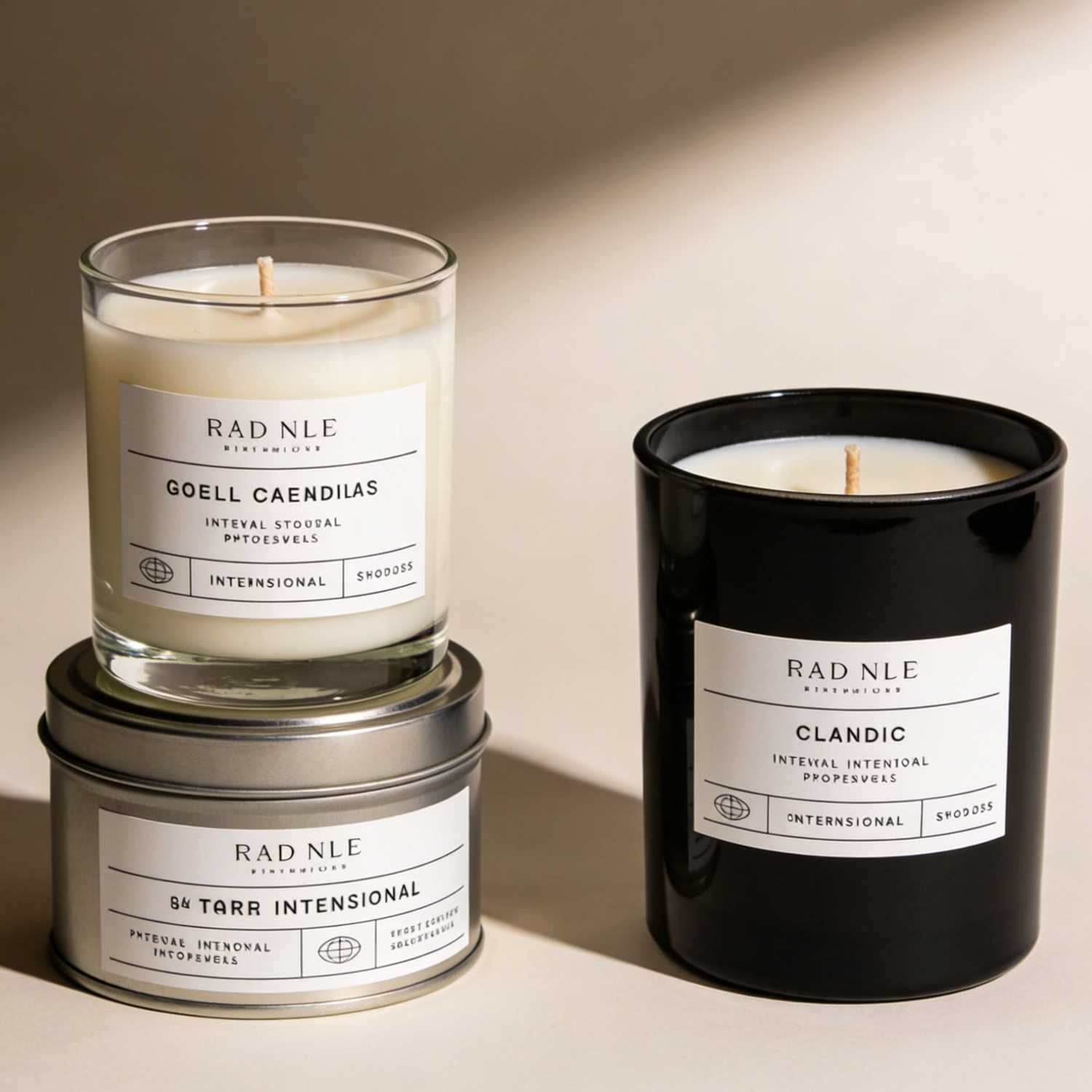 Three candles of different sizes with professional candle labels on glass jar and metal tin containers