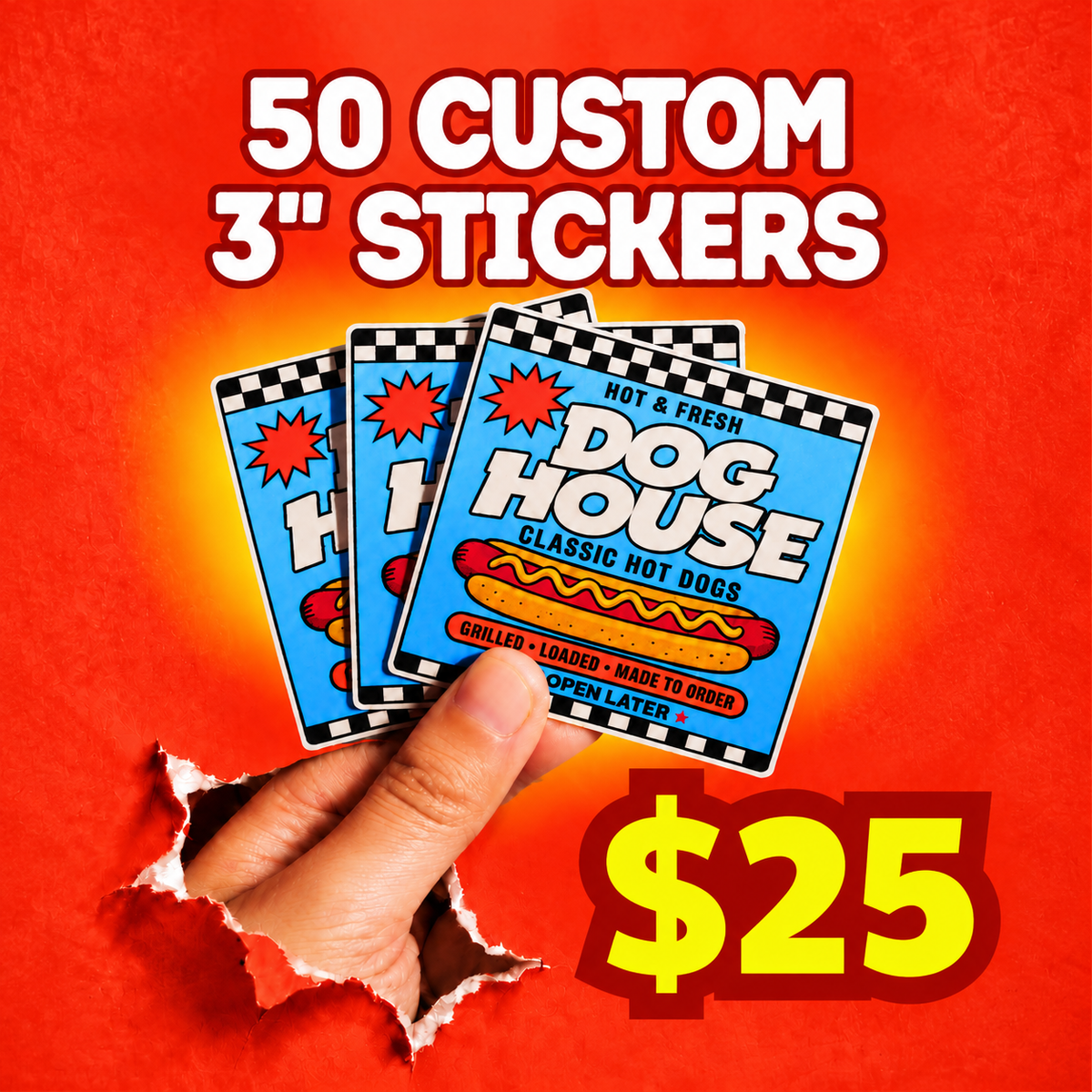 Limited time deals: 50 x 3 inch custom vinyl stickers for 25. Hand holding custom waterproof vinyl stickers, using for promoting your brand.  