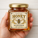 Honey jar label close up custom pure raw honey packaging design wildflower honey branding detail
