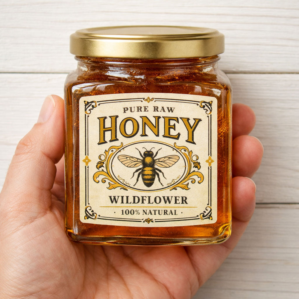 Honey jar label close up custom pure raw honey packaging design wildflower honey branding detail
