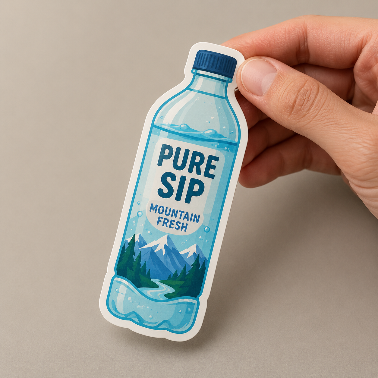A hand holding a custom removable decal shaped like a blue water bottle with Pure Sip branding and scenic mountain graphics.