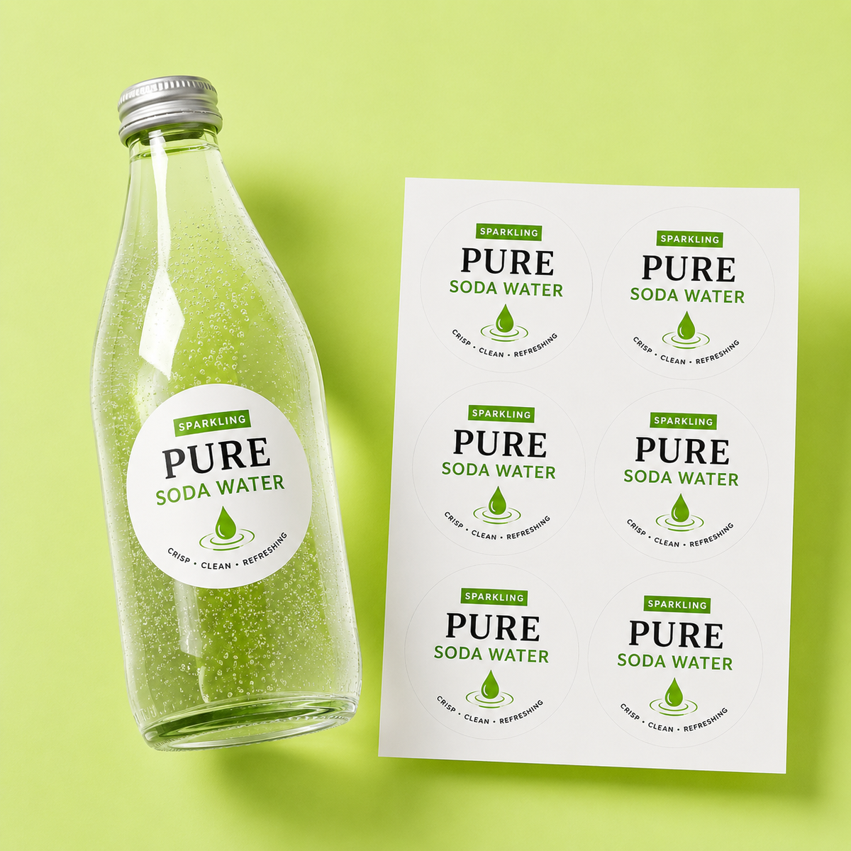 Custom waterproof labels featuring a pure soda water design applied on a glass beverage bottle and sticker sheet.