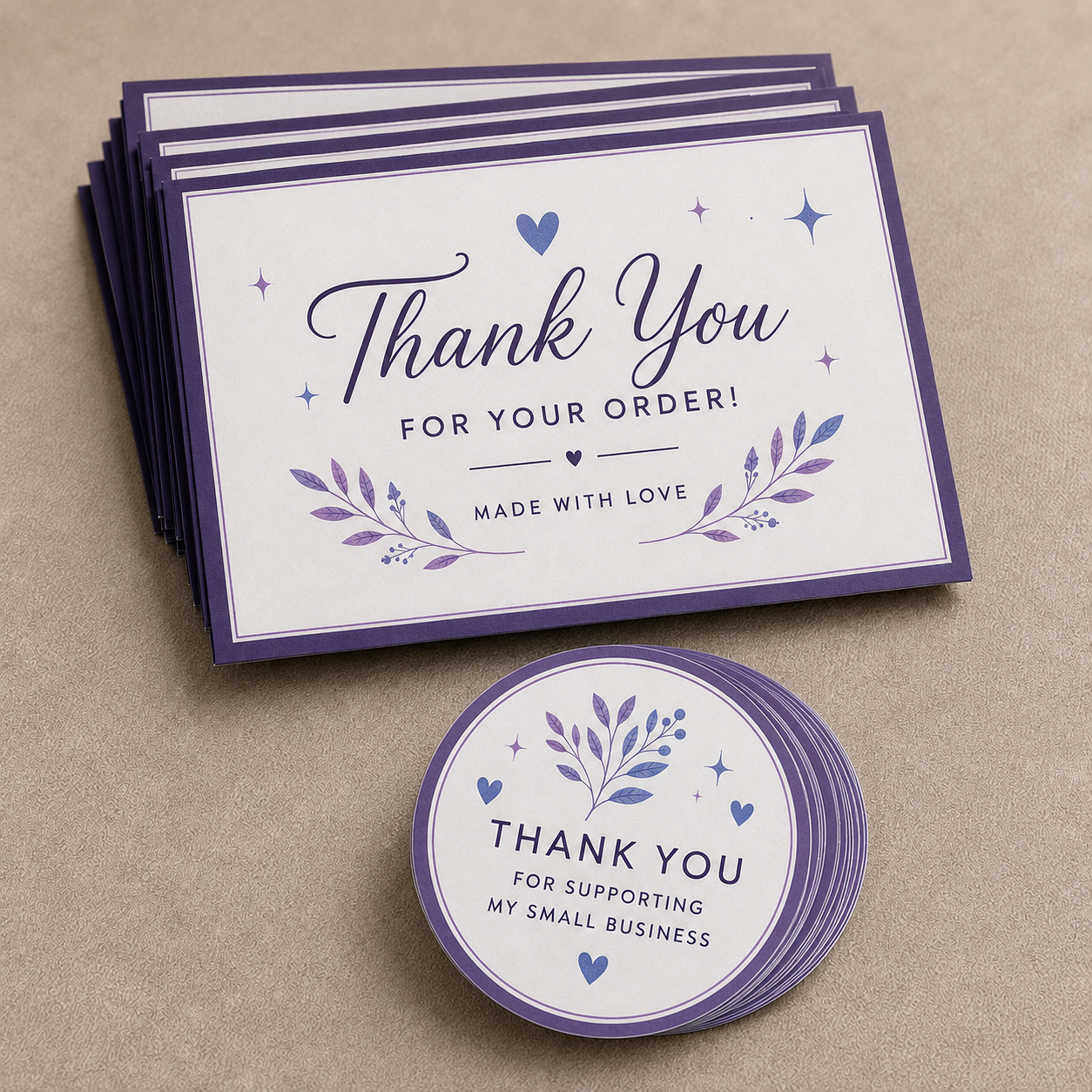 Purple and blue round thank you stickers displayed with matching thank you cards on a neutral background.