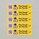 Custom event QR code stickers printed on yellow vinyl labels with astronaut design, rounded corners, and clear scannable QR codes for packaging and branding.