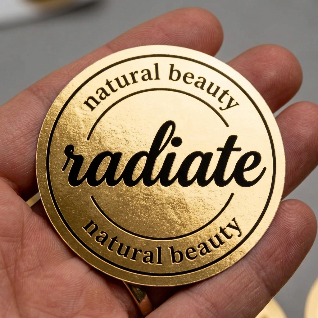 gold sticker in matte finish with 'natural beauty radiate' text held in a hand.