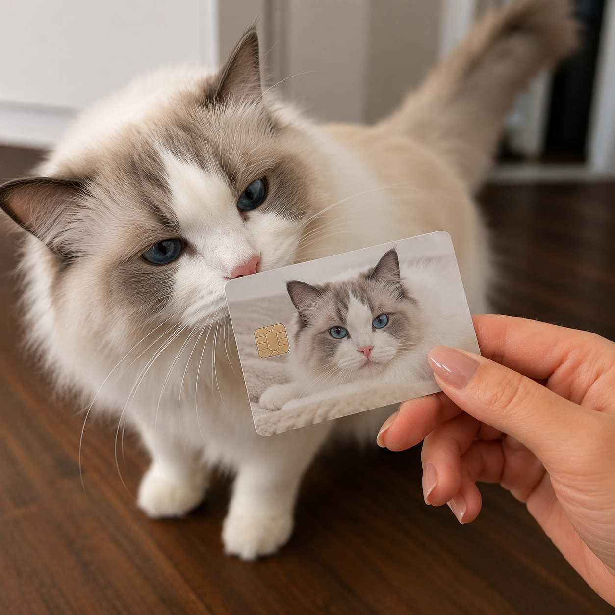 Real ragdoll cat sniffing a custom credit card sticker featuring its portrait, a cute debit card skin and cover. (114 characters)