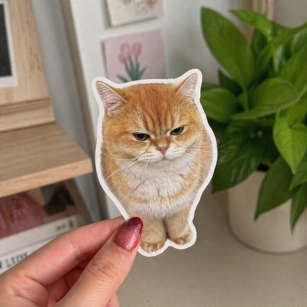 Sticker of a real ginger cat held by a hand with a plant and shelf in the background