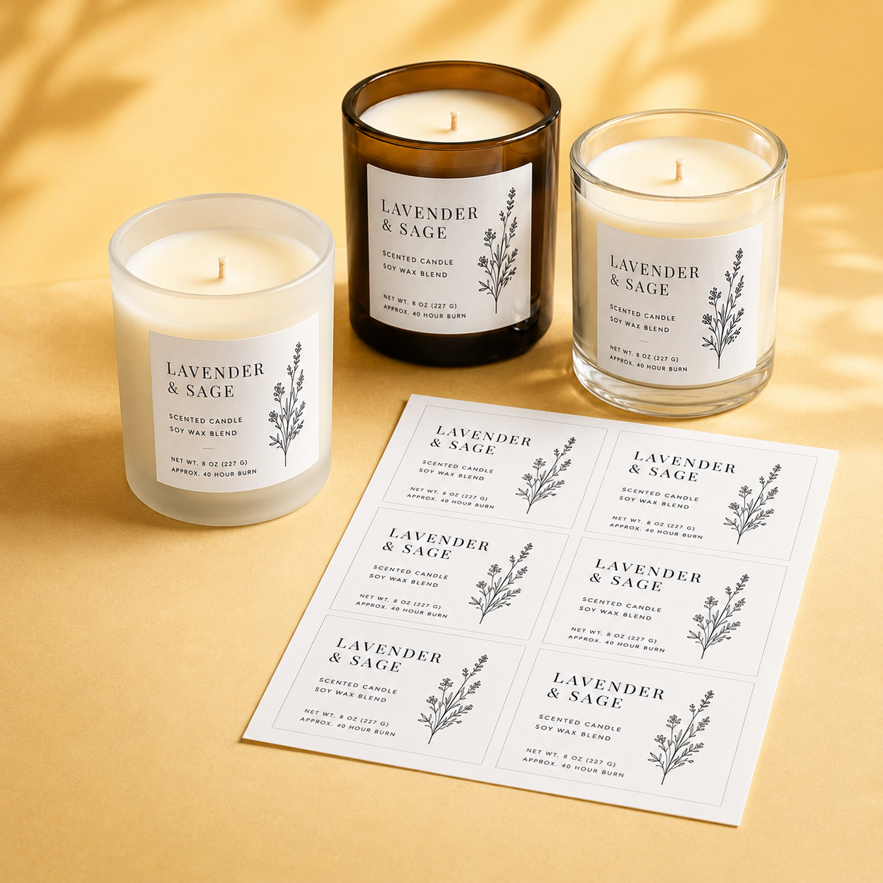 Rectangle candle labels for Lavender and Sage scented candles with matching label sheet