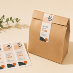 Rectangle packaging seal label applied to a kraft paper bag with matching label sheet