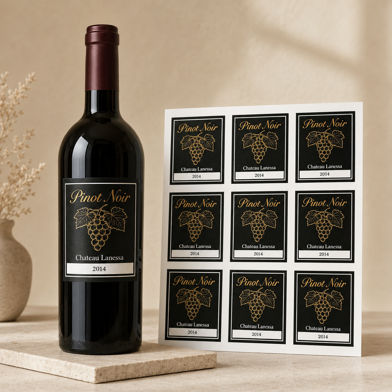 Rectangle wine bottle labels with matching Pinot Noir label sheet for product packaging