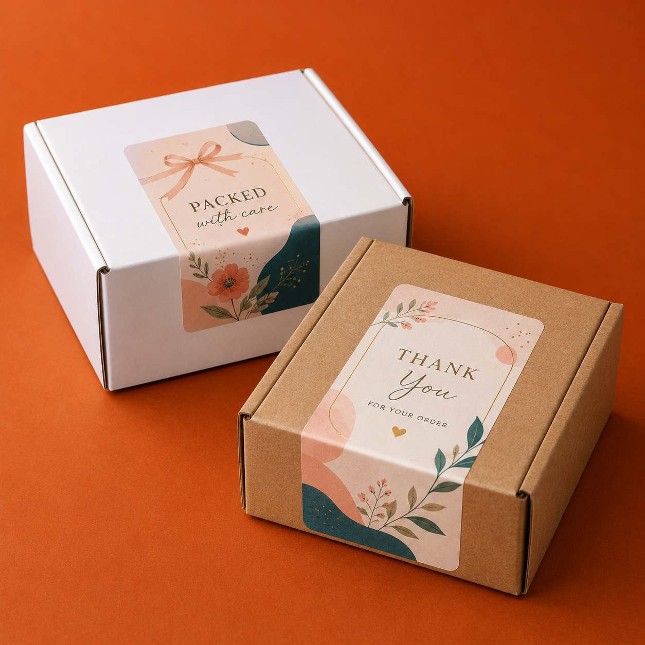 Custom rectangular vinyl packaging labels with floral designs sealing white and kraft shipping boxes.
