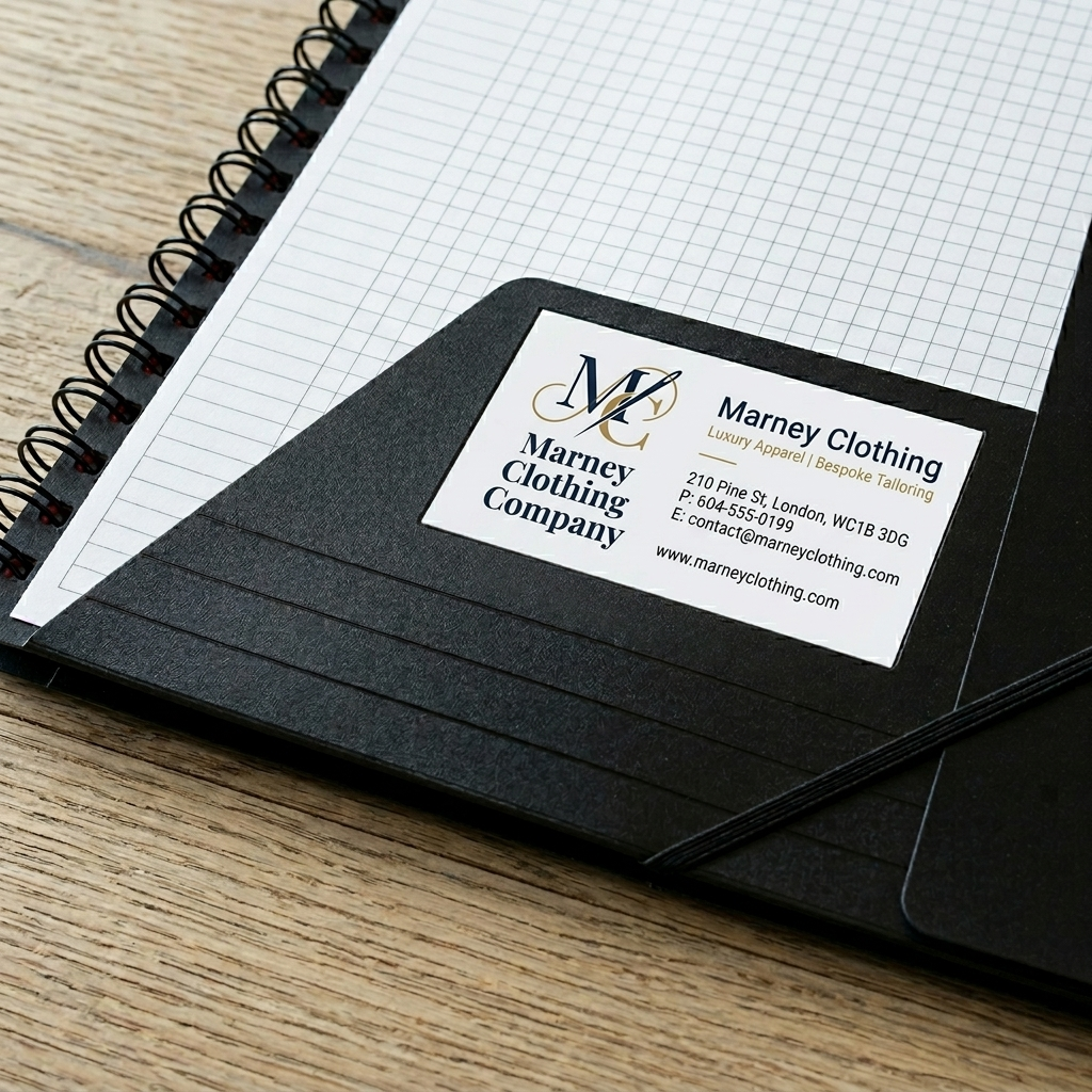 A rectangular Marney Clothing Company business card sticker applied to the inner pocket of a black professional notebook, demonstrating its residue-free adhesive.