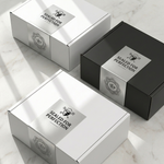 Custom rectangular silver foil stickers used as security seals on white and black mailing boxes, featuring a "Sealed for Perfection" logo with a metallic finish.
