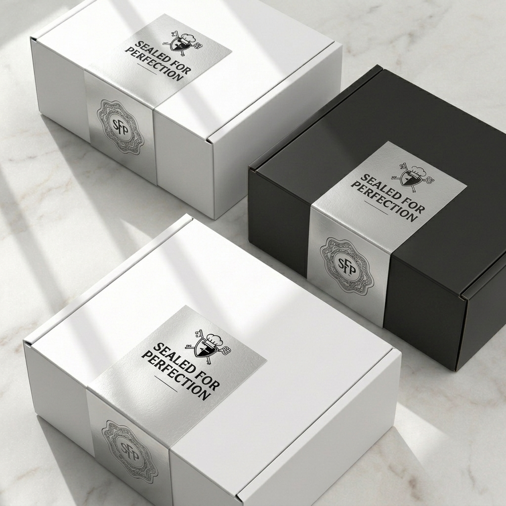 Custom rectangular silver foil stickers used as security seals on white and black mailing boxes, featuring a "Sealed for Perfection" logo with a metallic finish.