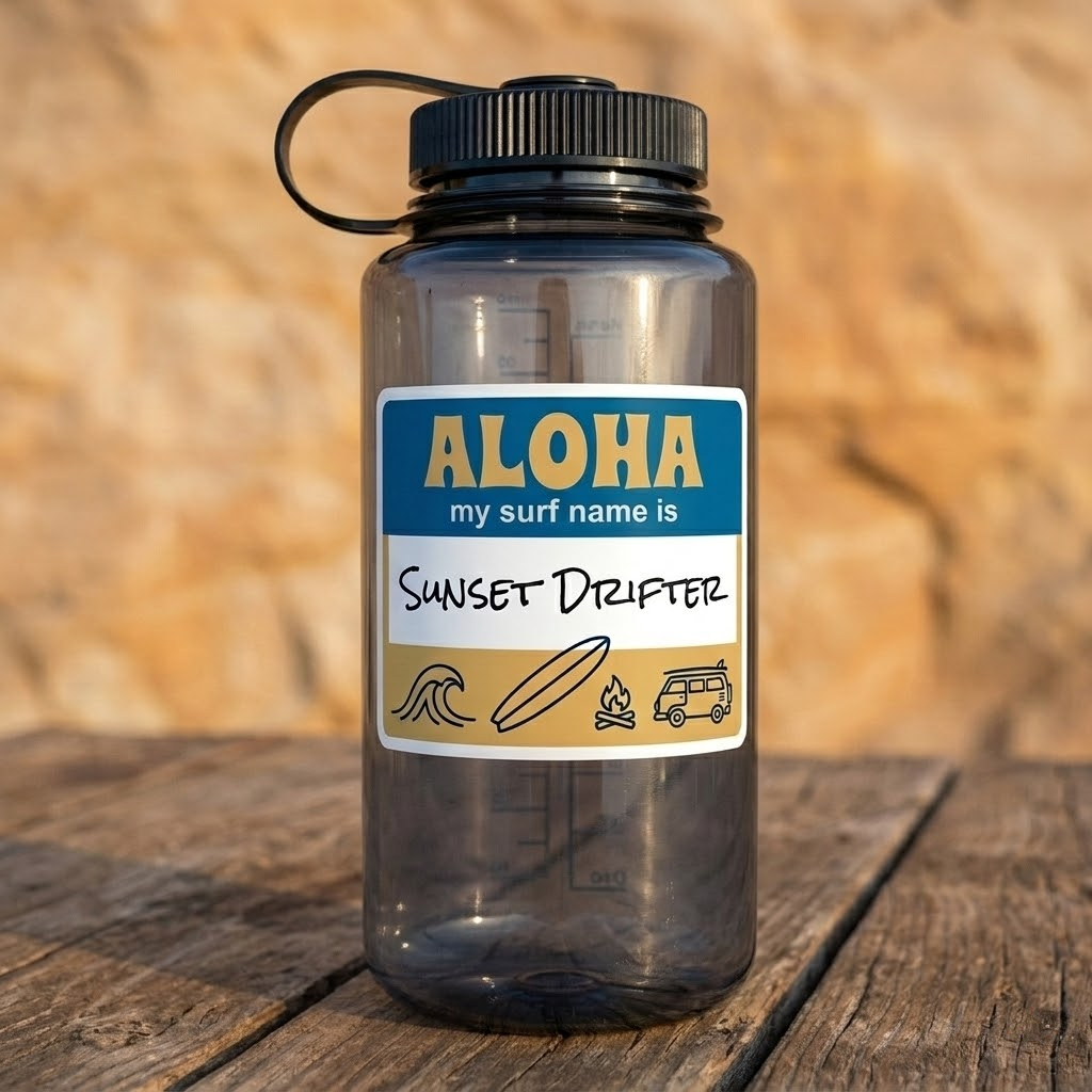 A rectangular vinyl sticker with a 'Hello my name is' style surf design applied to a smoke-grey water bottle on a wooden table. The sticker features the text 'ALOHA my surf name is SUNSET DRIFTER'.