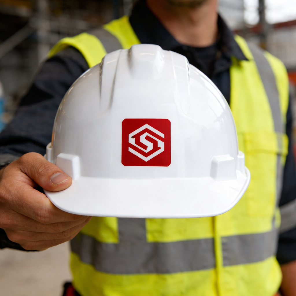 Person holding a white hard hat with a red logo sticker, wearing a yellow safety vest.