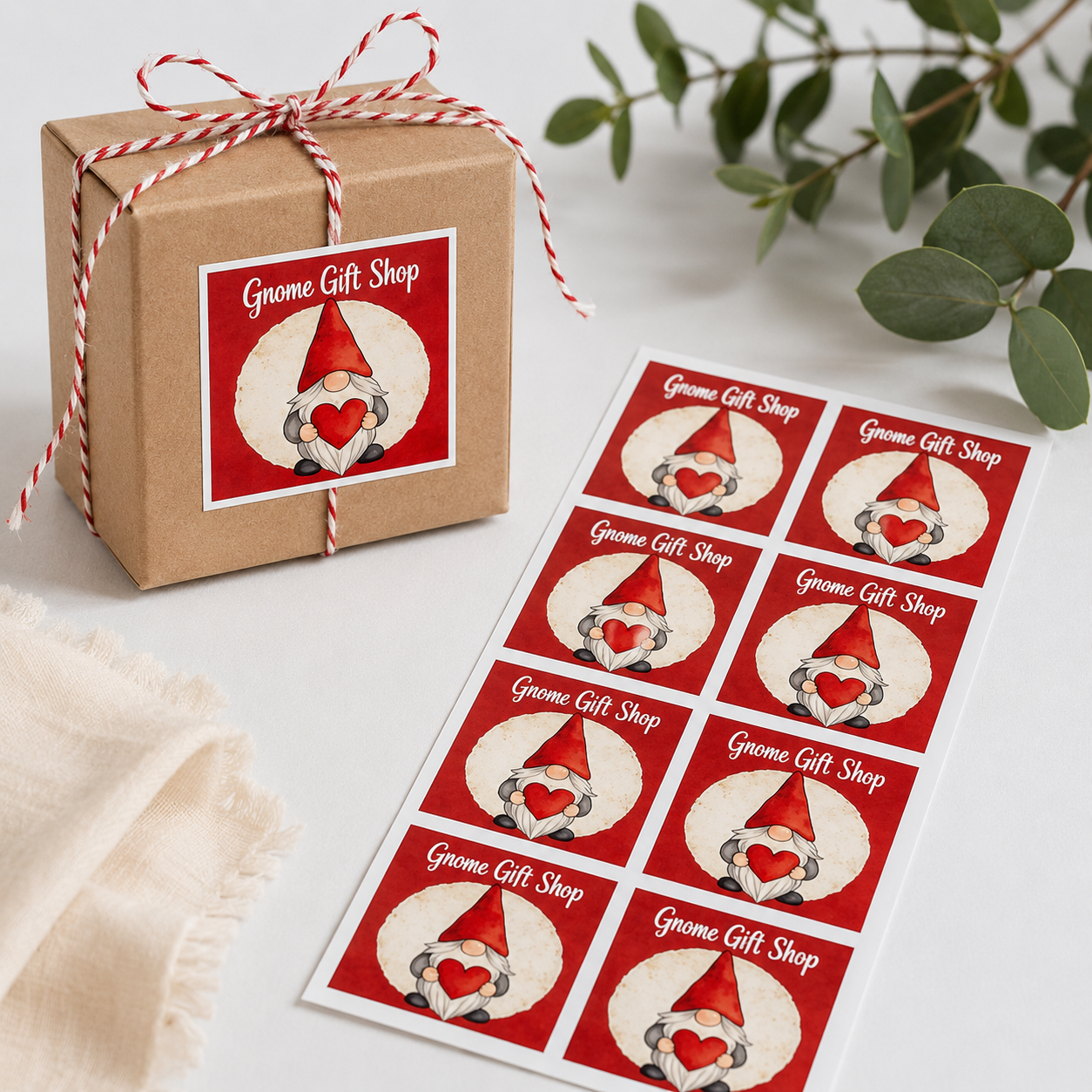 Red square labels used on a kraft gift box with matching labels on a sheet