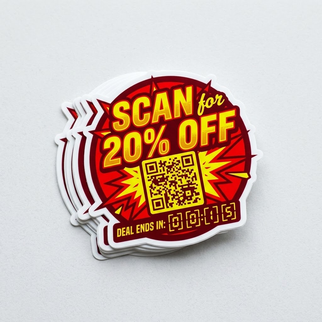 A stack of vinyl stickers in vibrant red and yellow, featuring a 'Scan for 20% OFF' explosive design with a QR code and a countdown timer.
