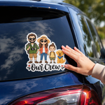 A high-quality removable family auto sticker on a blue car window featuring a customized hiking family with sunglasses and a golden retriever dog.