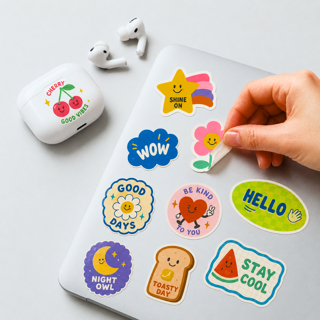 Cozy flat-lay of removable stickers on a laptop and AirPods case featuring cute aesthetic designs, demonstrating clean peel and repositionable vinyl sticker use.