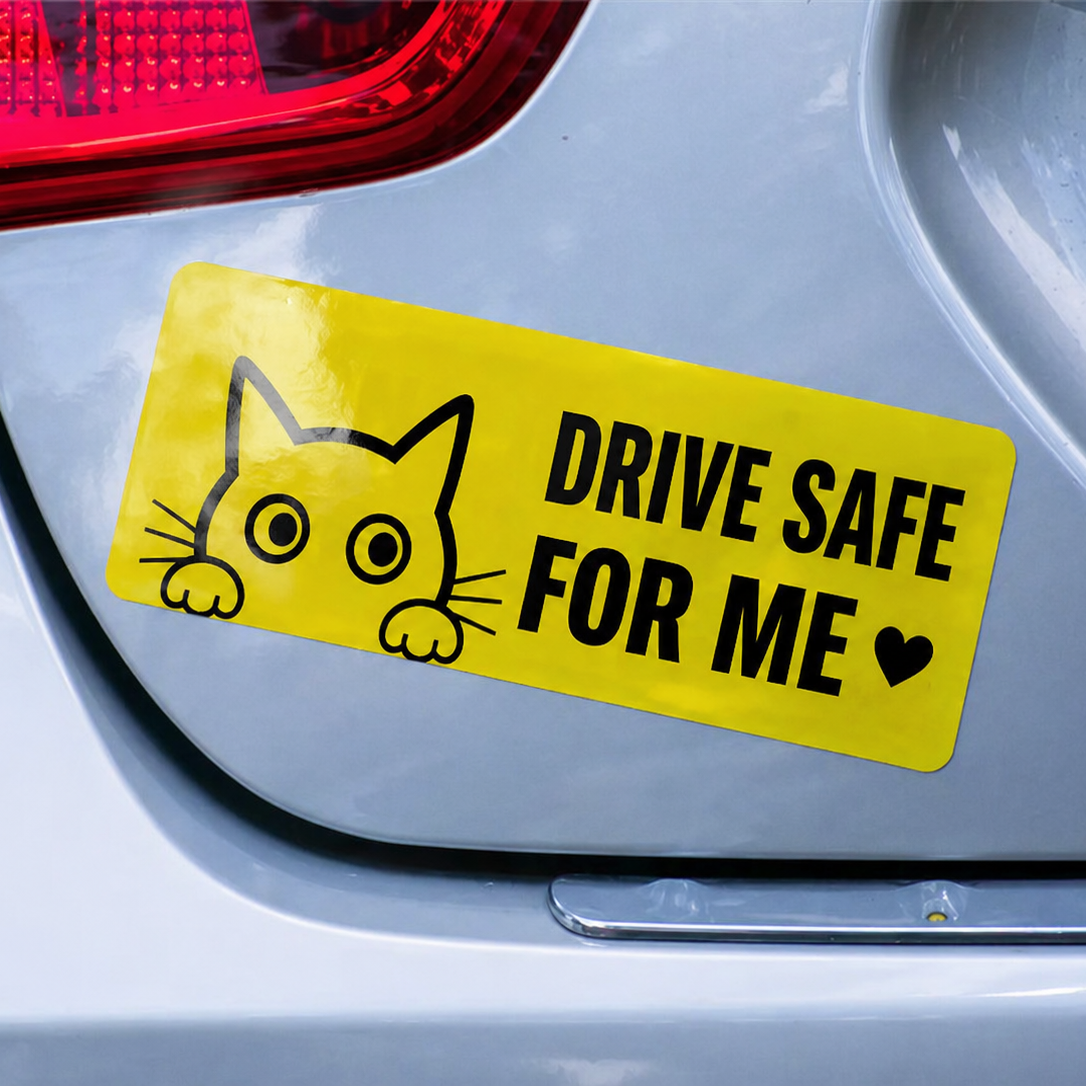 Yellow removable bumper sticker with a cat design and text 'Drive Safe for Me' on a car's rear window.