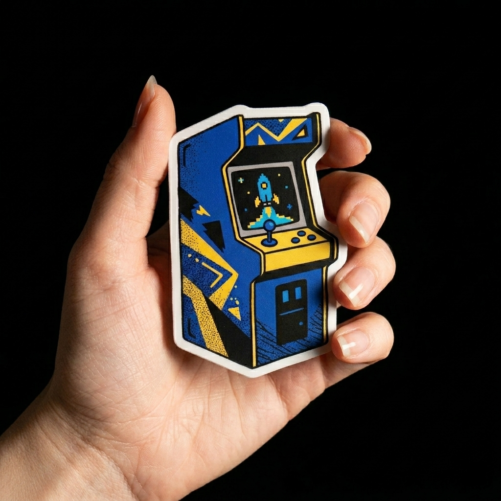 Hand holding a retro arcade machine vinyl die cut sticker with rocket game design
