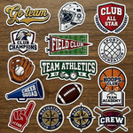 A diverse pack of retro sports stickers featuring football, baseball, helmet, and cheerleader graphics.