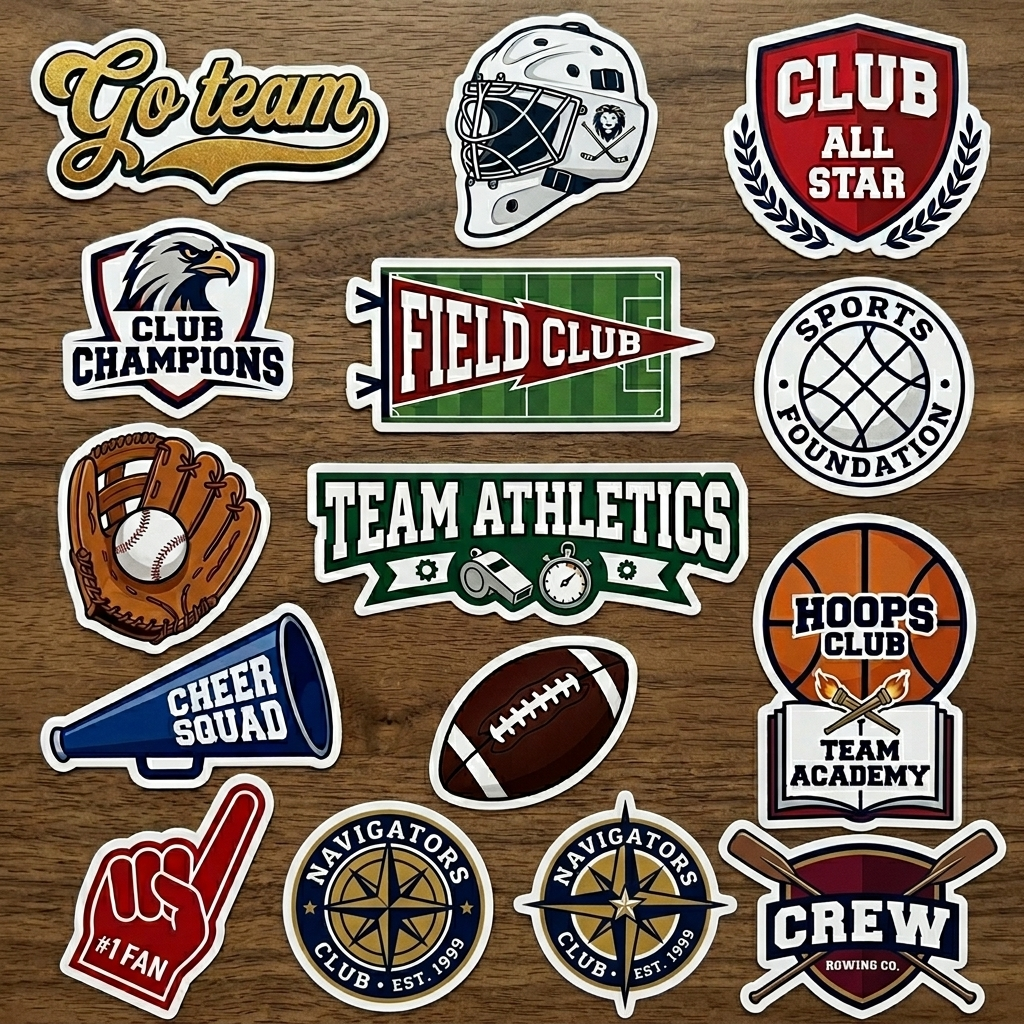 A diverse pack of retro sports stickers featuring football, baseball, helmet, and cheerleader graphics.