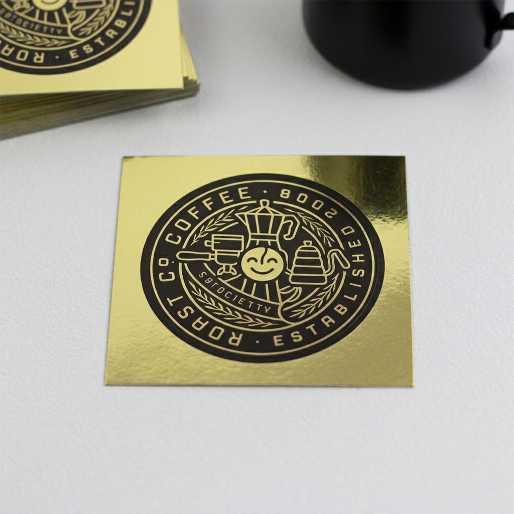 gold foil stickers with black logo and text on a white surface